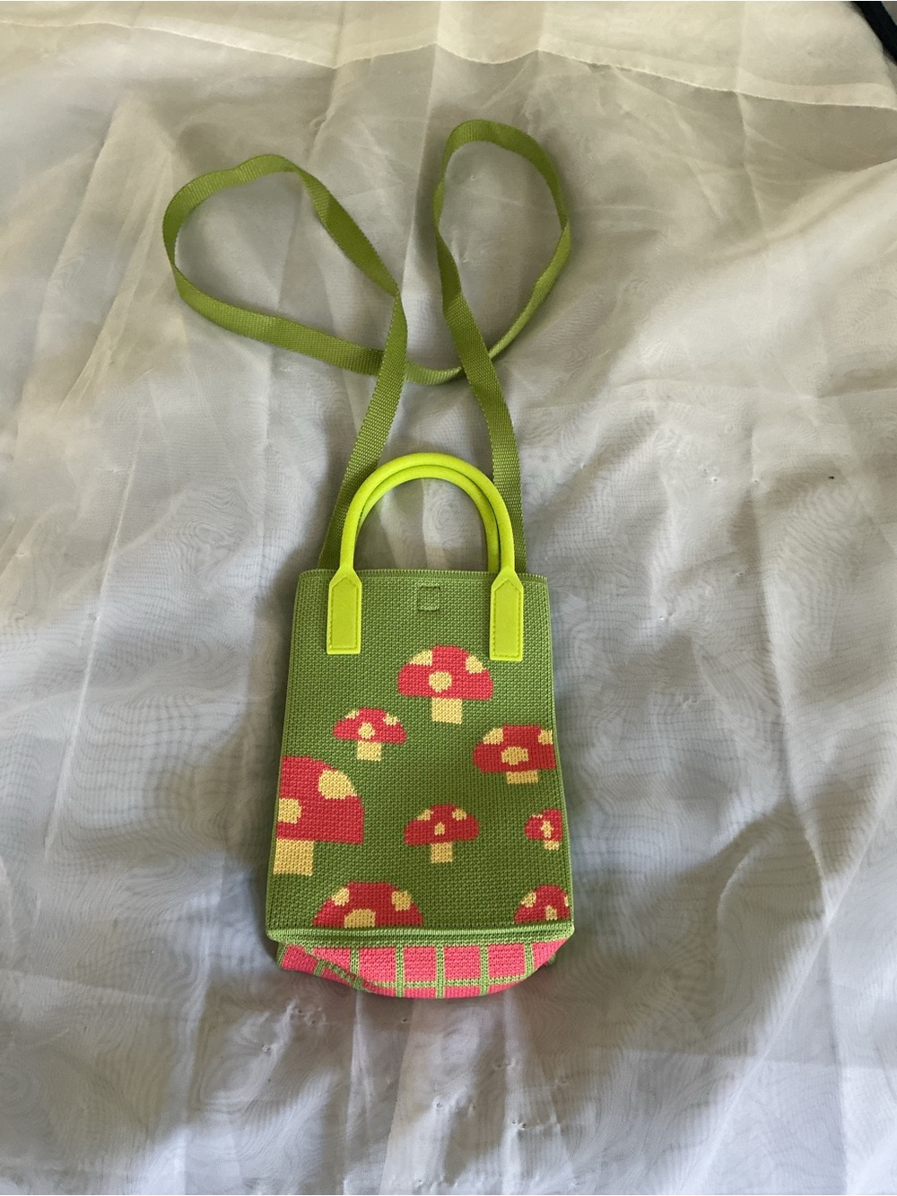 Mini Crossbody Bag in Lime Green with Pink Mushroom Motif